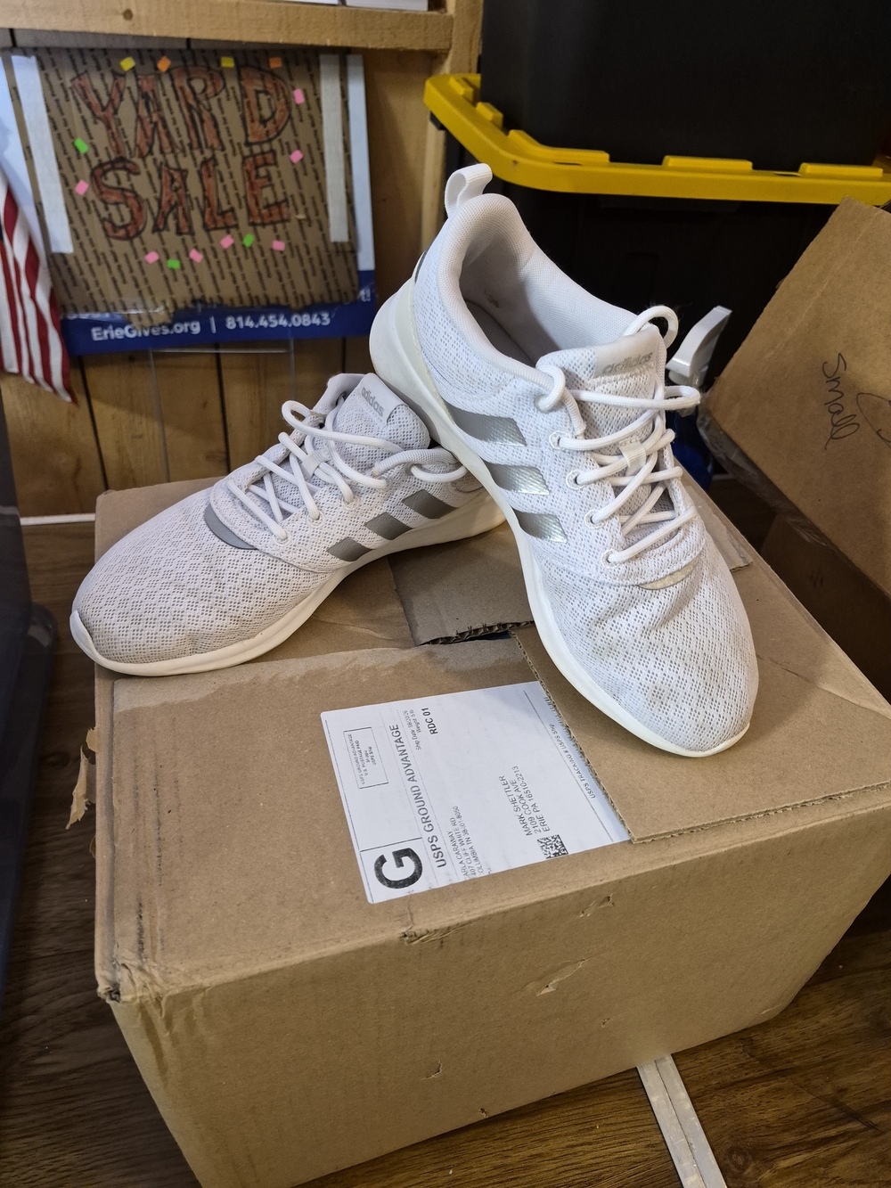 adidas Men’s Lightweight White Knit Running Shoes with Gray Stripes